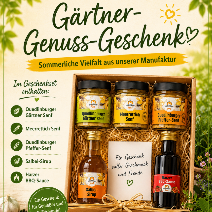 Gaertner-Genuss-Geschenk: 3x Senf mit Salbei-Sirup un d BBQ-Sauce
