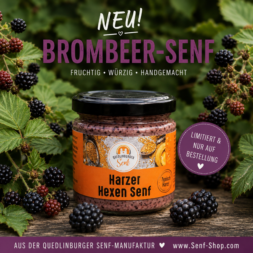 Der Brombeer-Senf vor Brombeerstrauch im Glas