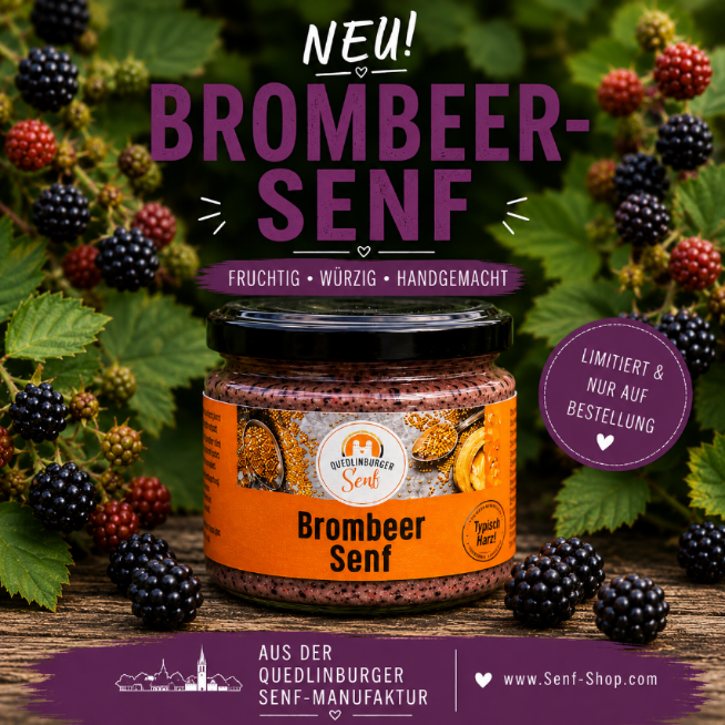 Neu. Brombeer Senf im Glas, vor Brombeerstrauch