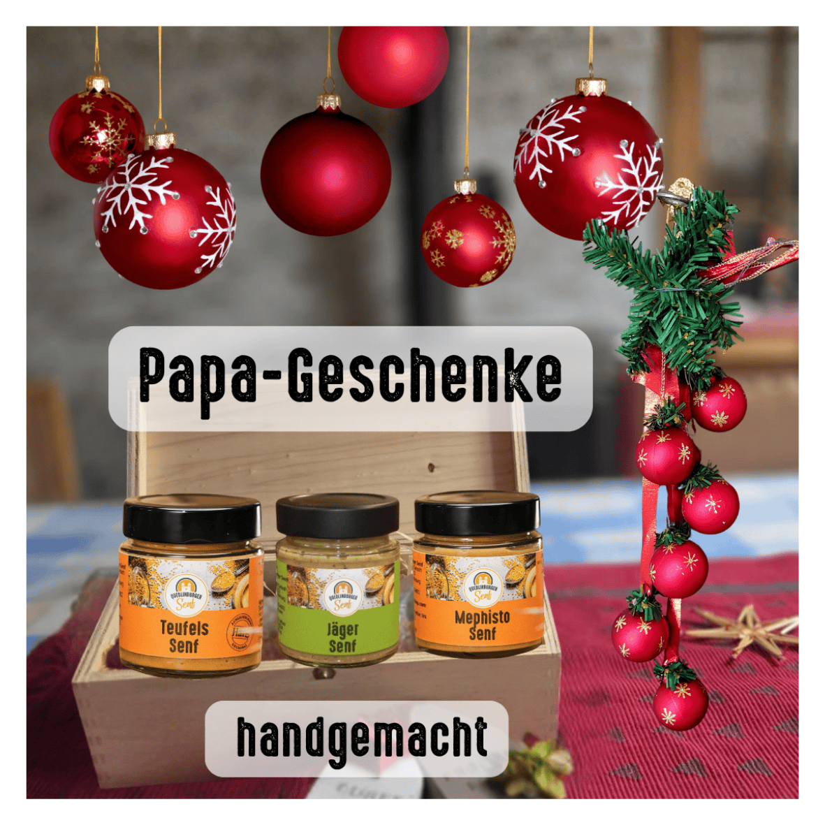 Holzkassette mit drei handgemachten SenfglĂ€sern: JĂ€ger-Senf, Teufels-Senf und extra scharfem Mephisto-Senf â Geschenkset fĂŒr VĂ€ter und Scharf-Liebhaber.