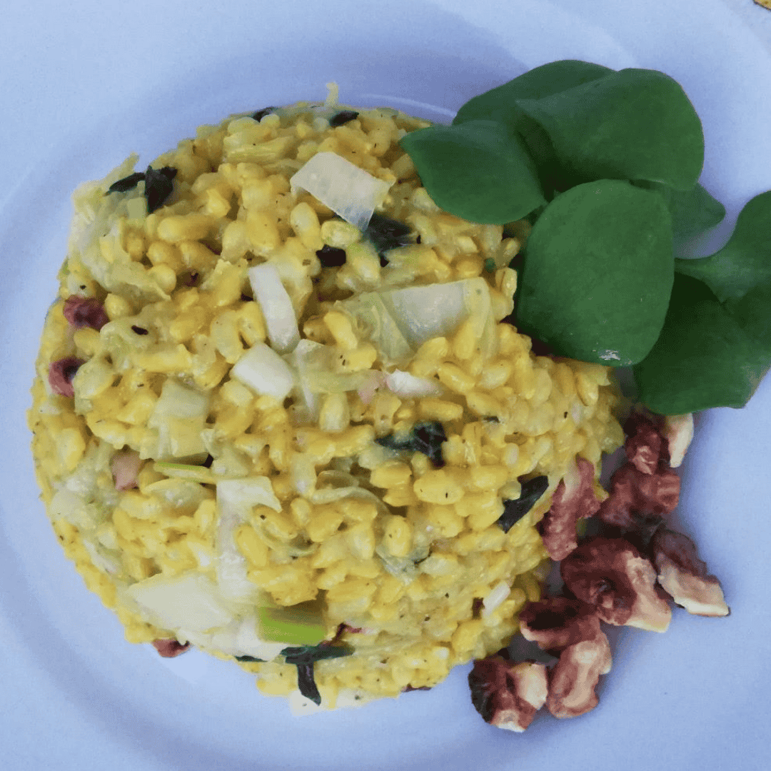 Risotto kecker mit Walnüssen und Portulak arrangiert auf einem schönen Teller