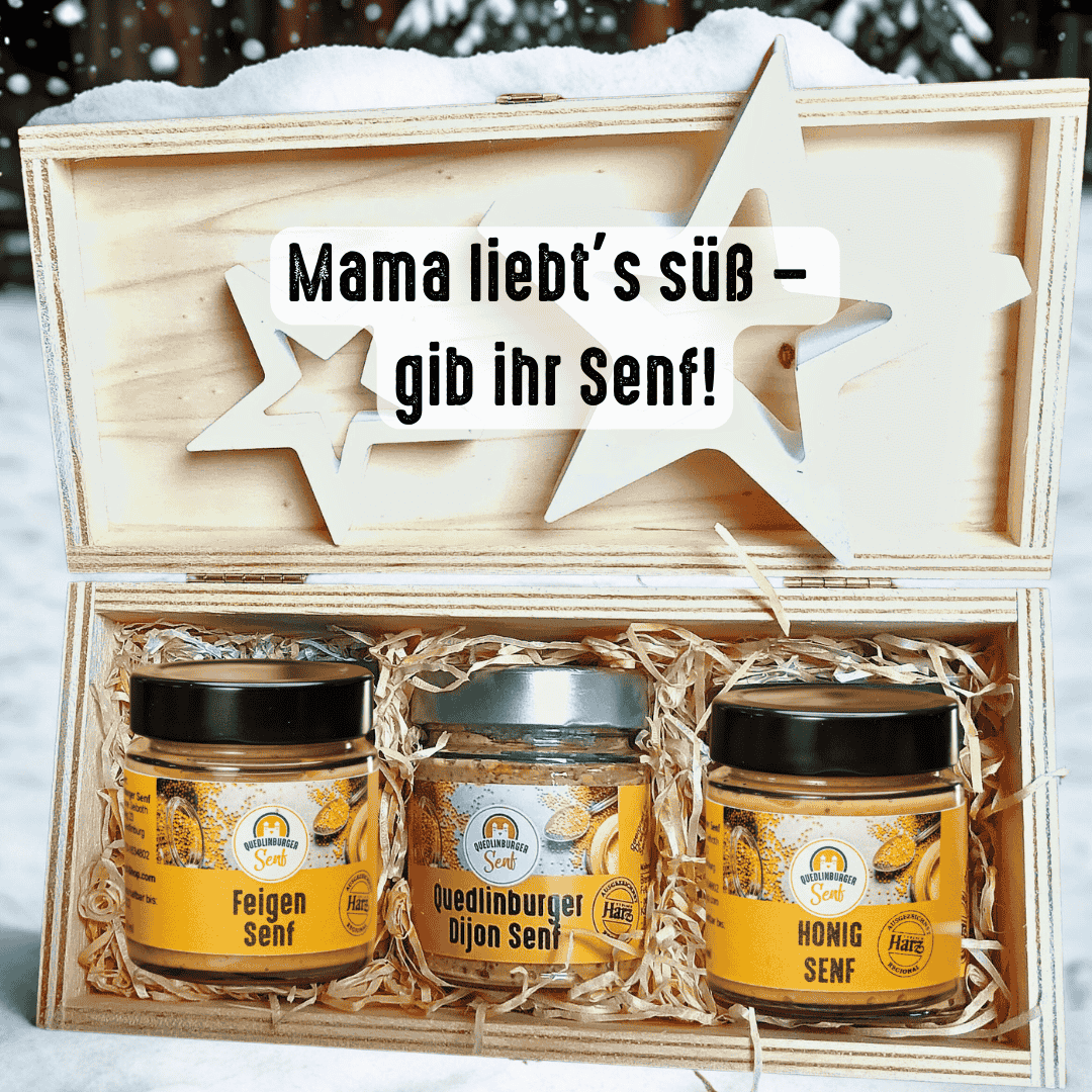 Mama Geschenk-Kassette mit mildem Honig-Senf, Feigen-Senf und Dijon-Senf als Feinkost-Geschenk aus der Quedlinburger Senf-Manufaktur