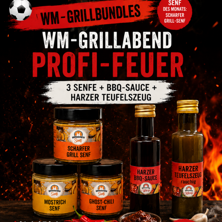 WM-Grillabend Profi-Feuer: 3x Senf+2 Saucen