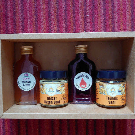 Geschenkset „Hexen & Teufel“ mit Senf & Likören – handgemacht, regional & perfekt für Kräuterhexen und Genießer.