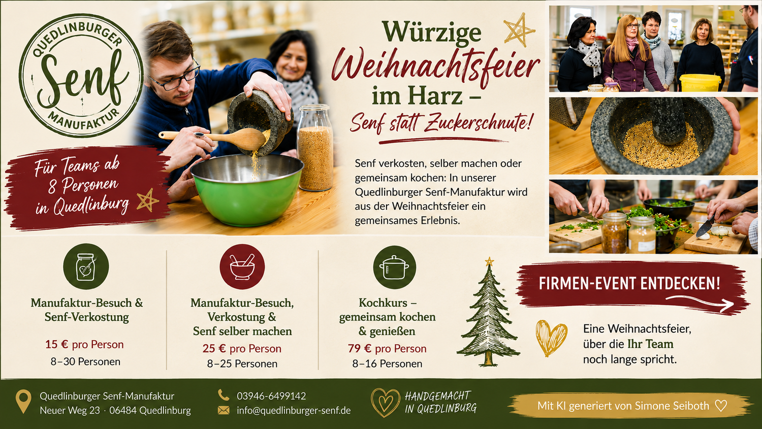 Einladung zur Weihnachtsfeier in die Manufaktur: Besuch, Senf-Selbermachen-Kurs und Kochkurs
