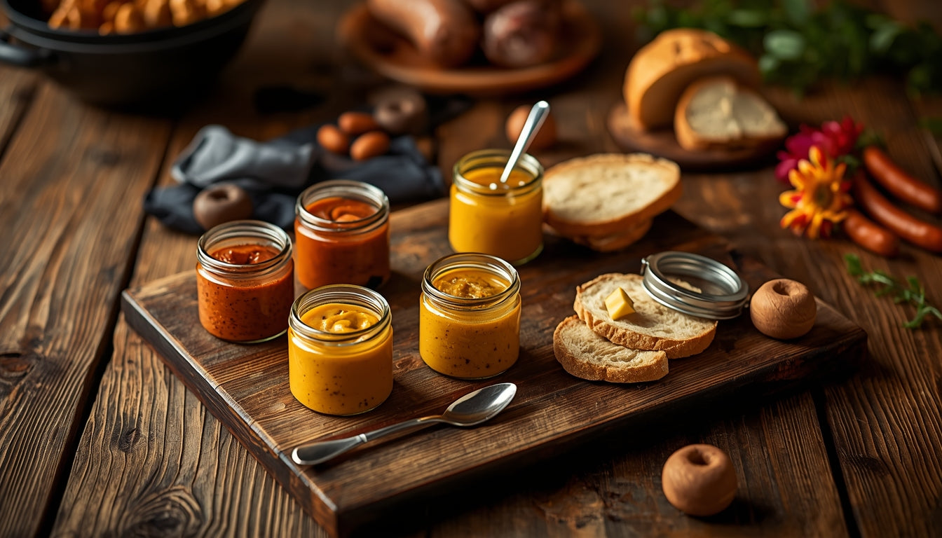 leckerer Quedlinburger Senf 6x auf einem Holzbrett mit Baguettescheiben