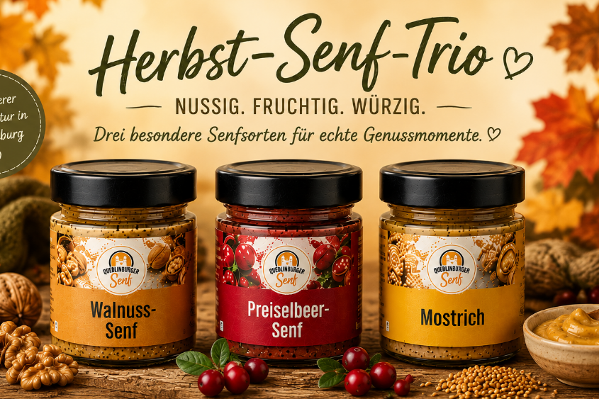 Herbst Senf-Trio mit Walnuss-, Preiselbeer-Senf und MOstrich
