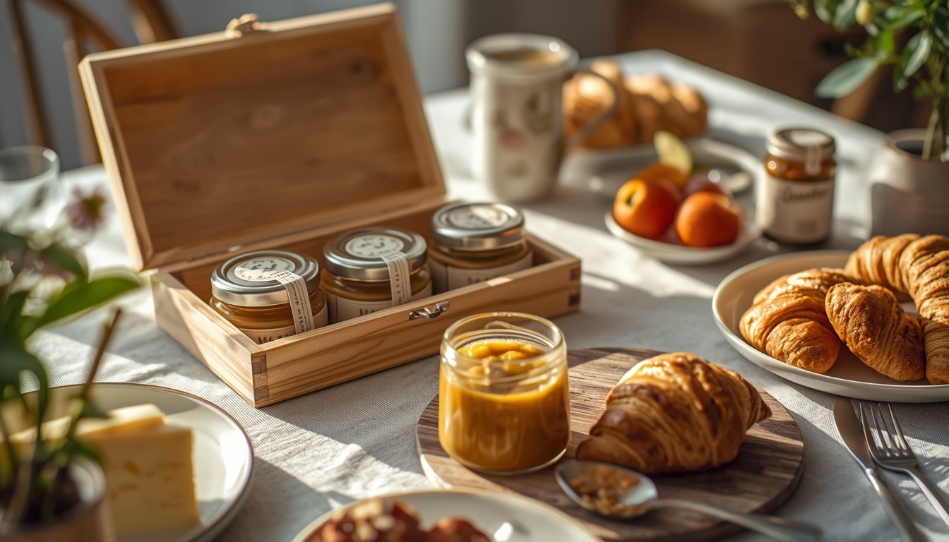 Holzkassette mit 3 Senfgläsern am Frühstückstisch