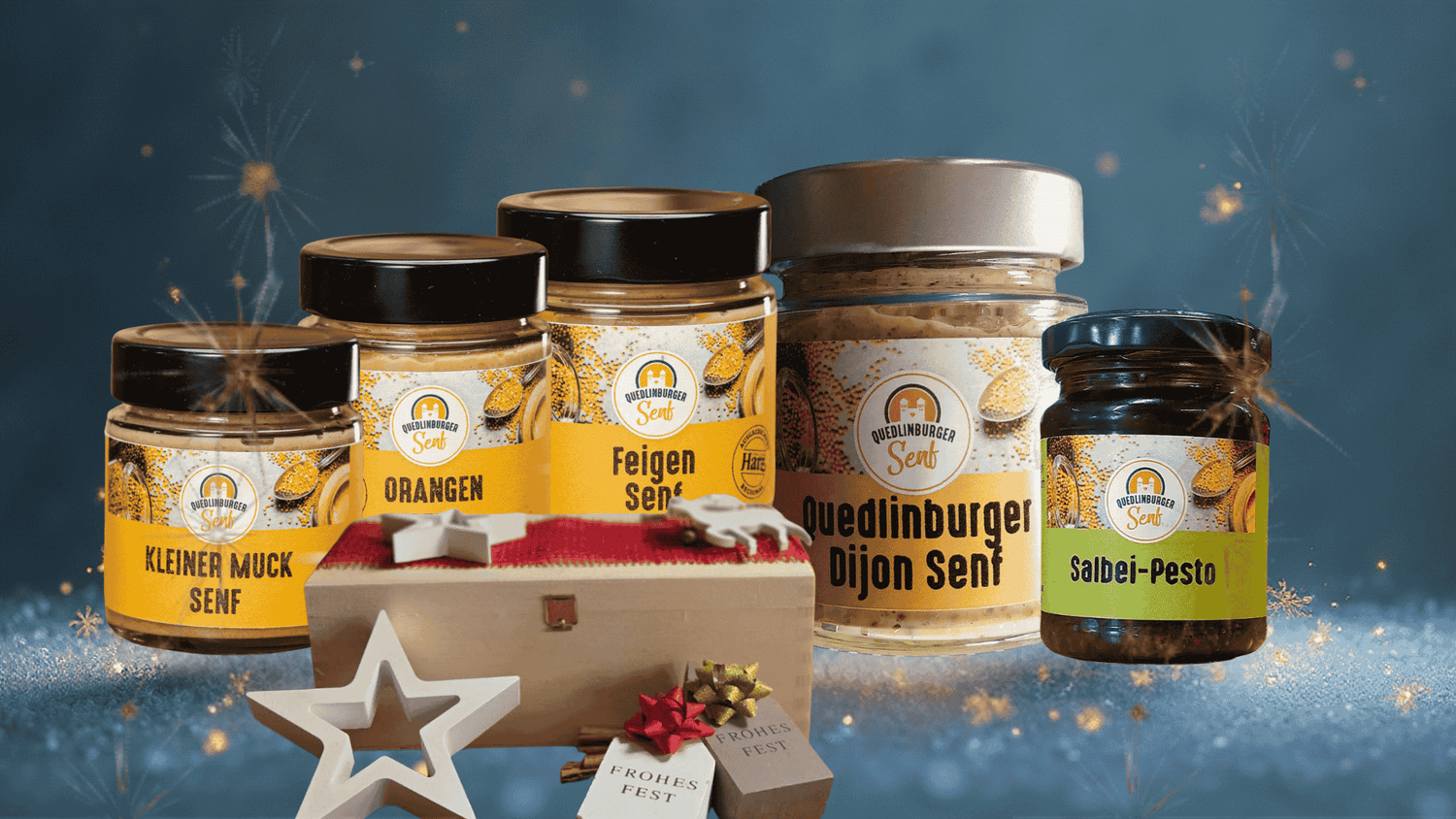 Süße und fruchtige Geschenkideen zu Weihnachten – Feigen-Senf, Honig-Senf-Sauce und Fruchtaufstriche aus der Quedlinburger Senf-Manufaktur.