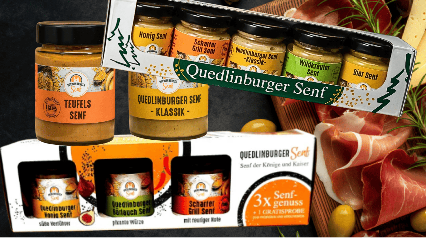 Großes Paket mit 5er Senf-Set, 2 Maxi Gläser Teufel und Klassik-Senf, dazu 3+1 Set im Geschenkkarton vor Appetizerplatte mit Wurst, Käse, Schinken