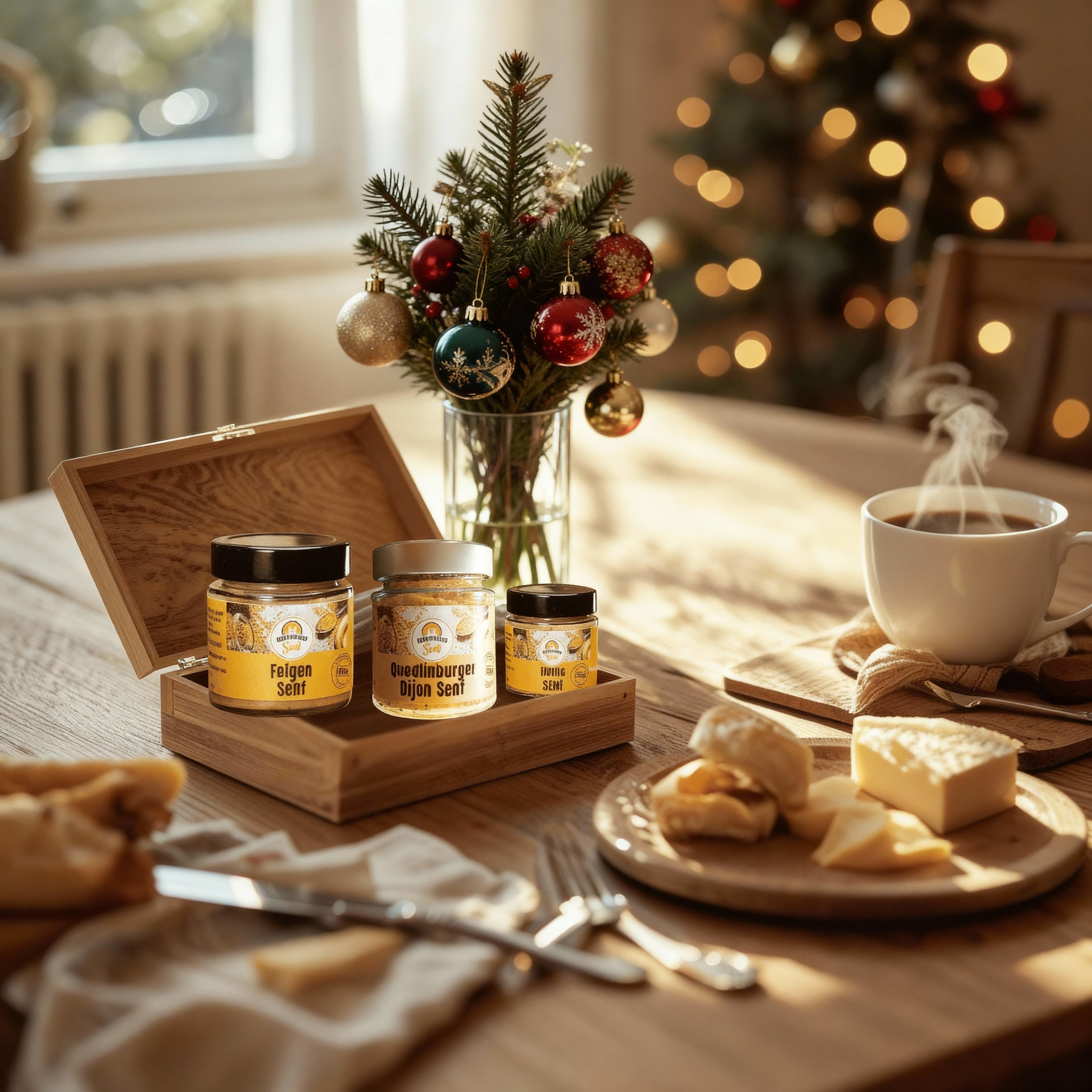 „Liebevoll gedeckter Frühstückstisch mit Holzkassette und drei Gläsern fruchtigem und süßem Senf, eingerahmt von Brot, Obst und warmem Morgenlicht – ideales Mama-Geschenk aus der Quedlinburger Senf-Manufaktur.“