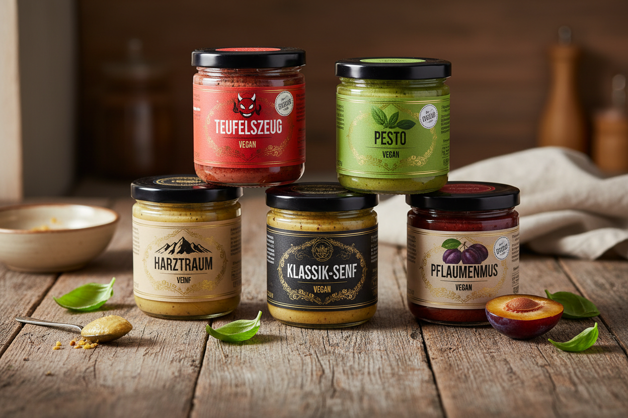 unsere veganen Produkte auf einem Tisch: Teufelszeug, Pesto, Klassik-Senf, Pflaumenmus