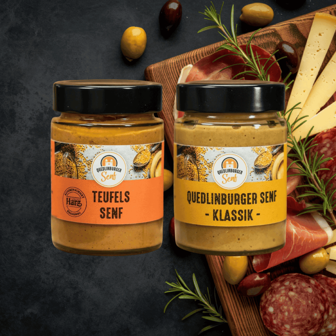 Teufels-Senf + Klassik-Senf Maxi vor Appetizerplatte