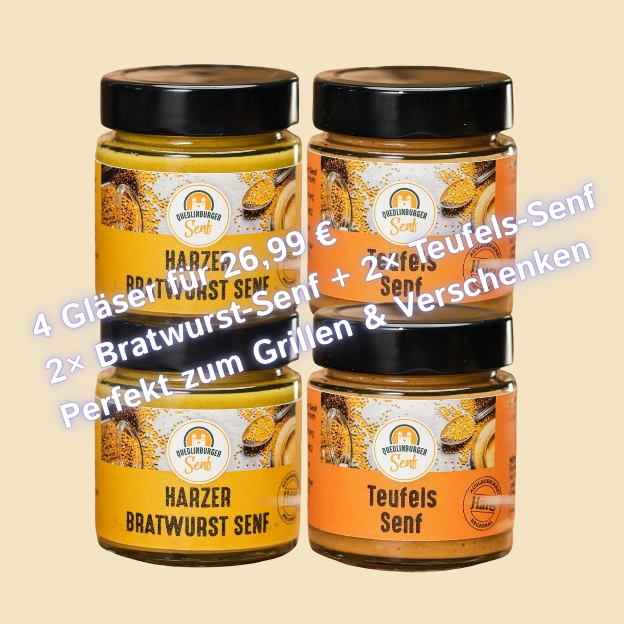 Grill-Doppelpack 4er-Set – 2× Harzer Bratwurst-Senf + 2× Teufels-Senf