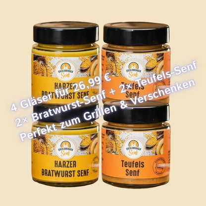 Grill-Doppelpack 4er-Set – 2× Harzer Bratwurst-Senf + 2× Teufels-Senf