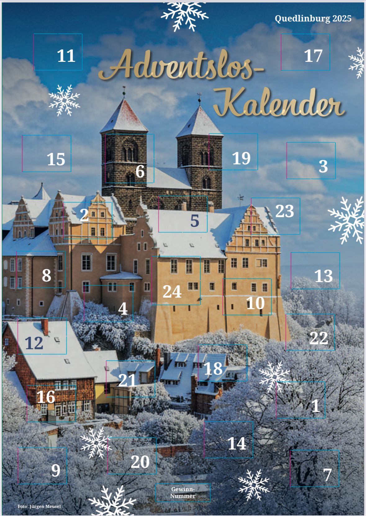 Adventskalender-Quedlinburg Schloss mit Schnee und Raureif