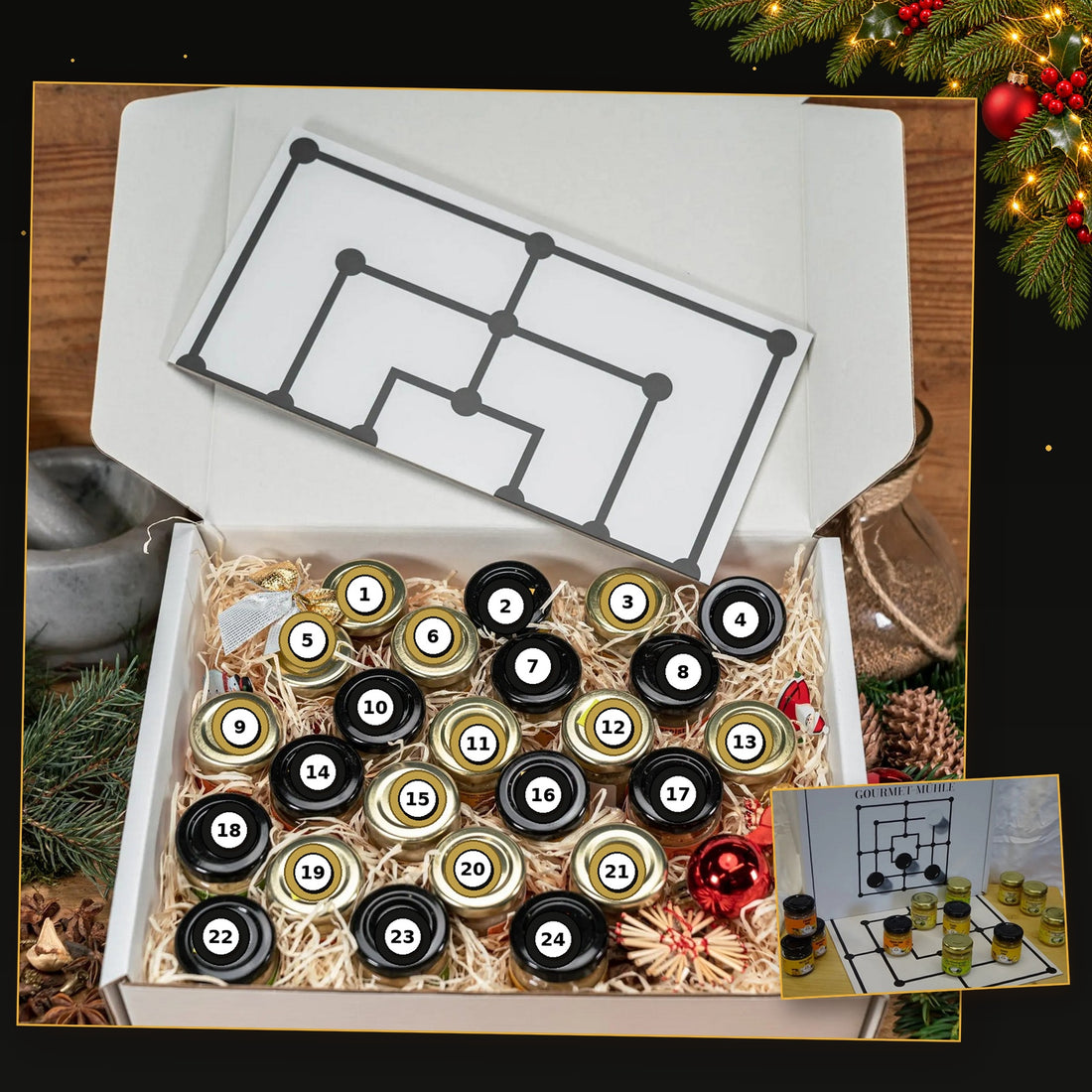 Senf-Adventskalender – 24 Sorten &amp; 1 Mühle-Spiel
