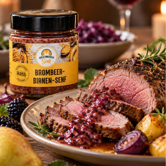 Brombeer-Birnen-Senf-Anwendung mit Braten