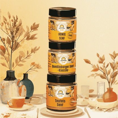 Probier-Set Unsere Favoriten mit Honig Senf, Klassik Senf und Teufels Senf aus der Quedlinburger Senf-Manufaktur