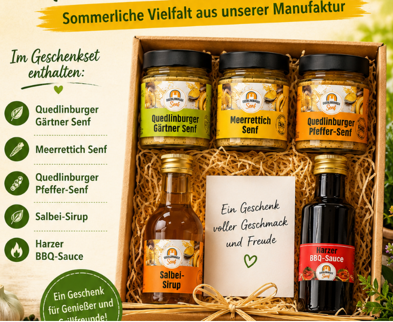 Gaertner-Genuss-Geschenk: 3x Senf mit Salbei-Sirup un d BBQ-Sauce
