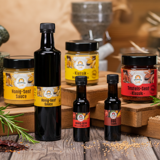 3x Senf + Honig-Senf-Sauce + BBQ-Sauce + Teufelszeug auf Holz mit Kräutern 
