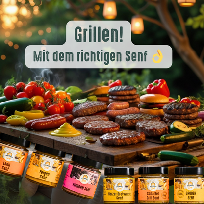 BBQ Tisch mit Gemüse, Fleisch und unseren 6 Senf-Sorten für den Sommer
