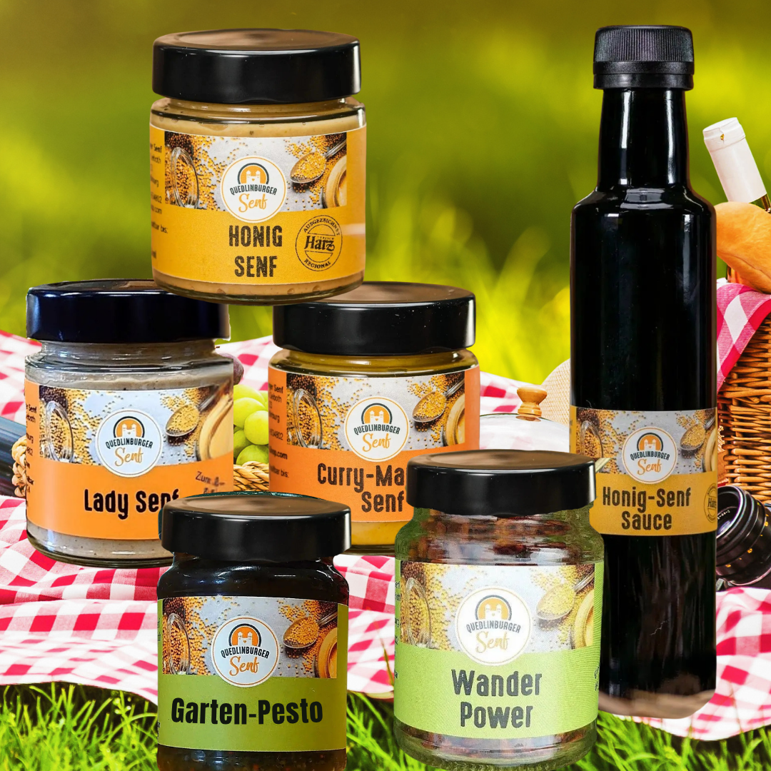 für das große Picknick: 3x Senf+Honig-senf-Sauce+2 vegane Leckereien (Pesto+Wanderpower)