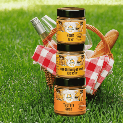 3 Lieblings-Senfe beim Picknick: Honig, Klassik, Teufels-Senf aus unsrer Manufaktur
