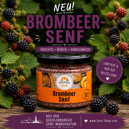 Neu. Brombeer Senf im Glas, vor Brombeerstrauch