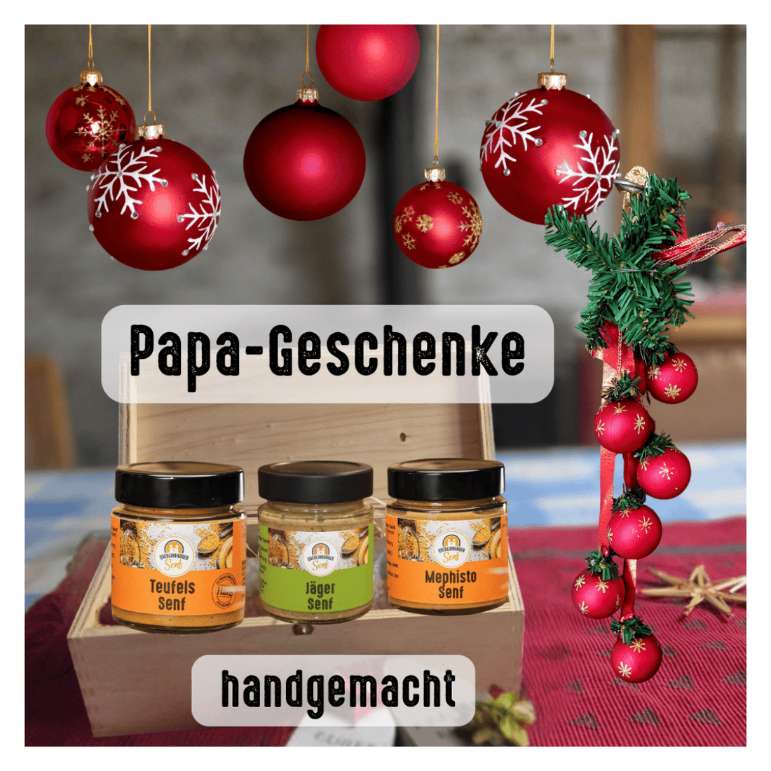 Holzkassette mit drei handgemachten Senfgläsern: Jäger-Senf, Teufels-Senf und extra scharfem Mephisto-Senf – Geschenkset für Väter und Scharf-Liebhaber.