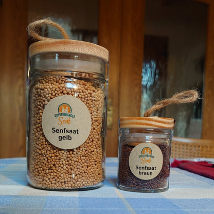 Zwei Gläser Pat &amp; Patachon Senfsaat – groß und klein – stehen auf einem Küchentisch.  Die wiederverwendbaren Gläser aus der Quedlinburger Senf-Manufaktur symbolisieren nachhaltigen Genuss und Handwerk aus dem Harz.