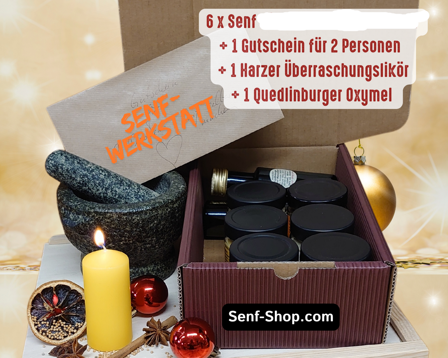 Senf-Geschenk 6x + Gutschein Senf-WErkstatt +Harzer Likör + Oxymel