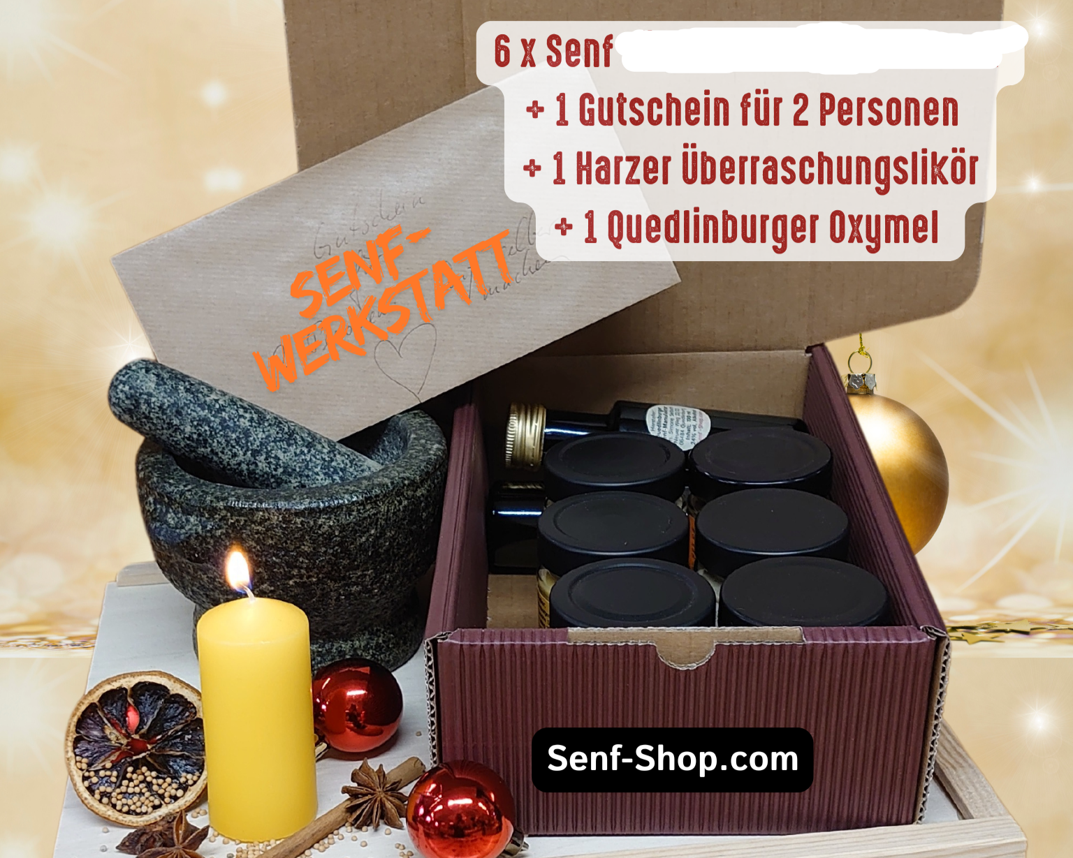 Senf-Geschenk 6x + Gutschein Senf-WErkstatt +Harzer Likör + Oxymel