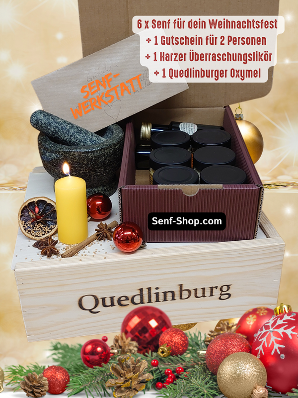 Weihnachtsgeschenk mit Senf, Gutschein, Likör und Oxymel