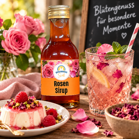 Rosen-Sirup-Anwendung: Dessert und Cocktail