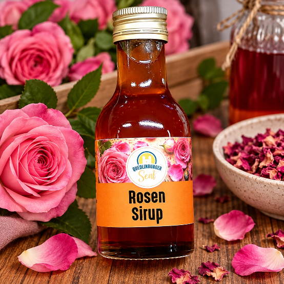 Rosen-Sirup mit Blüten