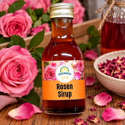 Rosen-Sirup mit Blüten