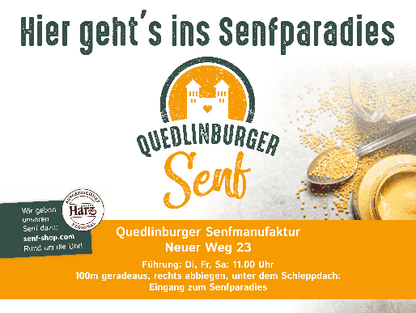 Einladungsschild: Senfparadies Quedlinburg