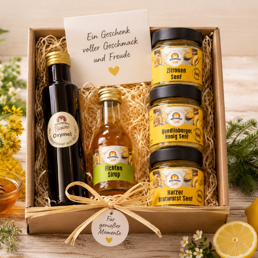3 frische Sommer-Senfe mit Oxymel und Fichten-Sirup im Geschenk-Karton