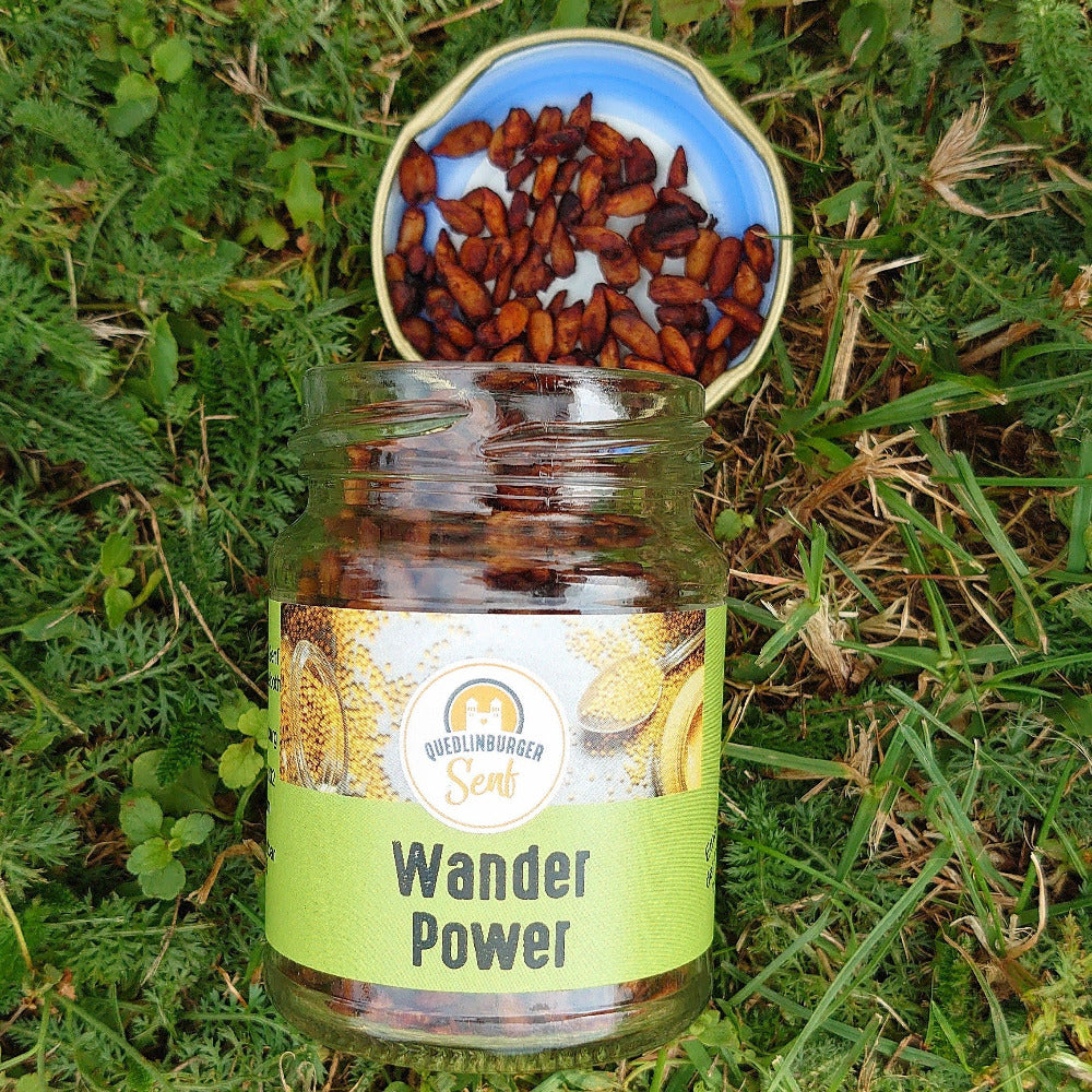 Geröstete Sonnenblumenkerne mit Sojasauce als veganer Snack im Glas aus handwerklicher Herstellung