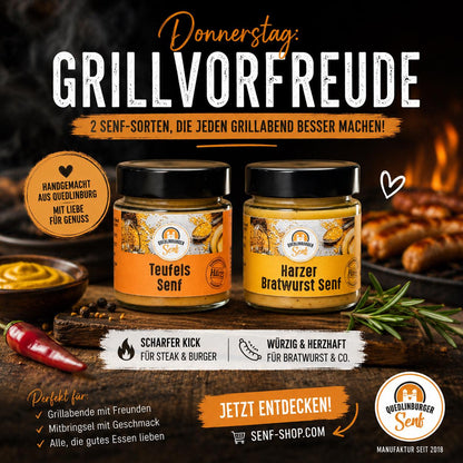 Grill-Doppelpack 4er-Set – 2× Harzer Bratwurst-Senf + 2× Teufels-Senf