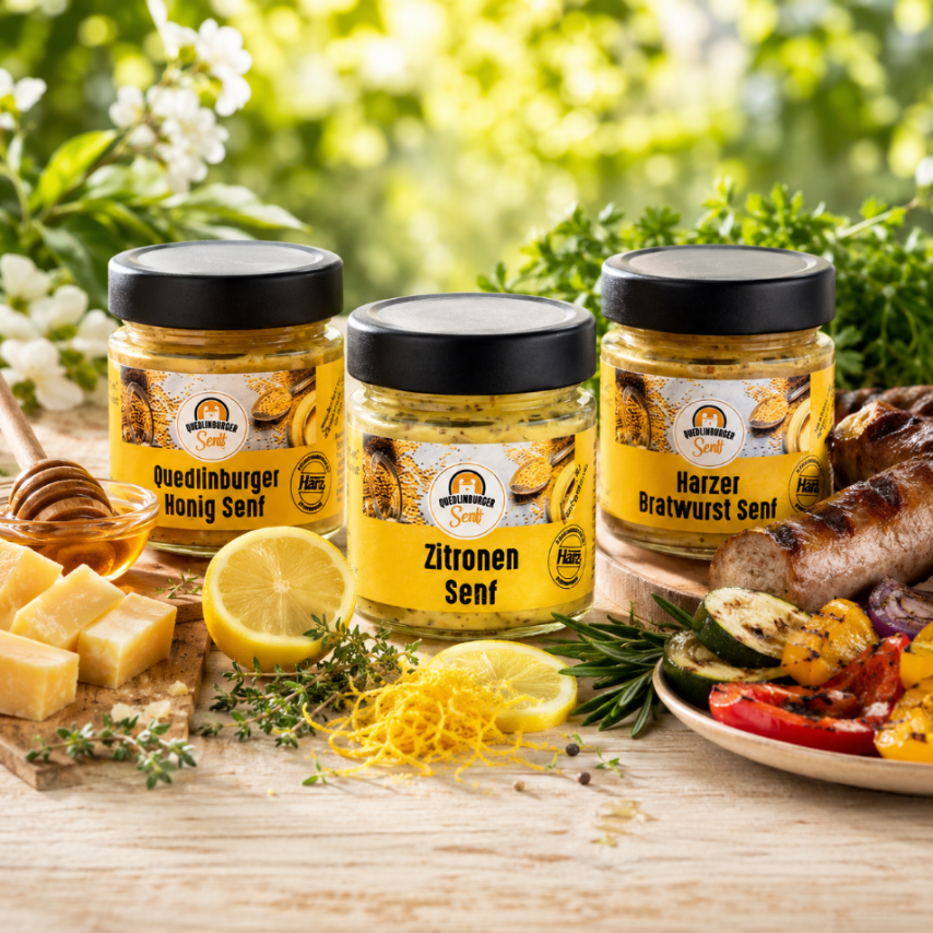 Zitronen-Senf-Trio mit Bratwurst, Zitronen und Honig