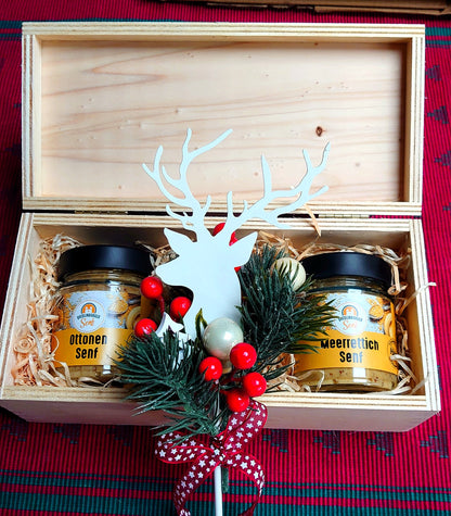 Dijon-Senf Geschenkset in Holzkassette – drei Gläser handgemachter Senf aus Quedlinburg, mild durch Verjue statt Essig.