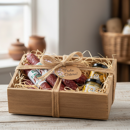 Harzer Oster-Genuss Geschenkbox mit echten Produkten: Senf und Wildsalami