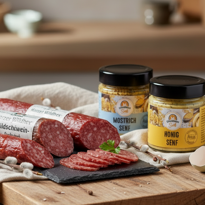 Harzer Oster-Genuss mit 2 Wildsalamis angeschnitten und 2x Senf aus Quedlinburg