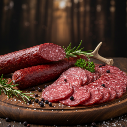 Hirschsalami appetitlich aus dem Hozbrett angeschnitten, Wald im Hintergrund