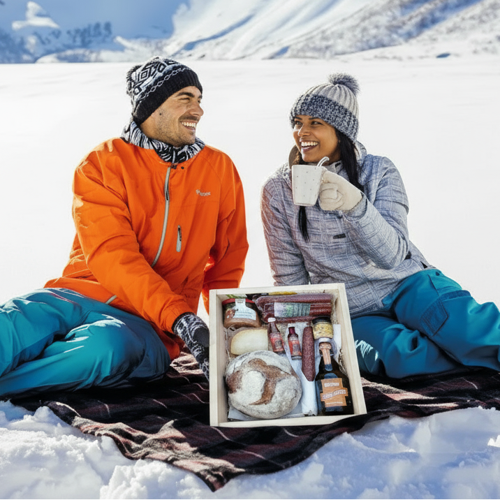 zwei_Personen-picknicken im Winter mit Picknick-Kiste