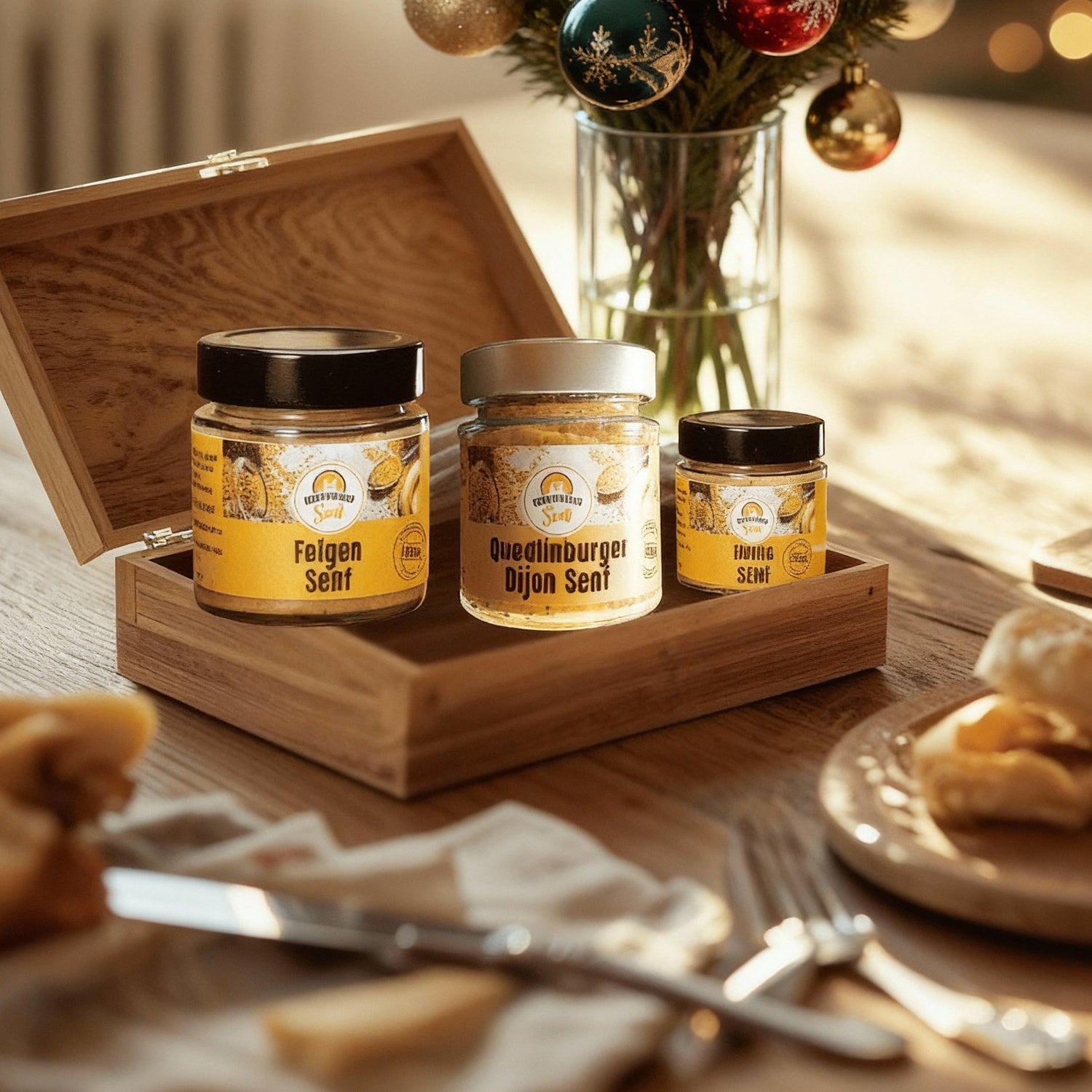 „Liebevoll gedeckter Frühstückstisch mit Holzkassette und drei Gläsern fruchtigem und süßem Senf, eingerahmt von Brot, Obst und warmem Morgenlicht – ideales Mama-Geschenk aus der Quedlinburger Senf-Manufaktur.“