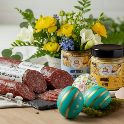 Oster Genuss Premium komplett: Blumenstrauß, bunte Ostereier und Salami und Senf