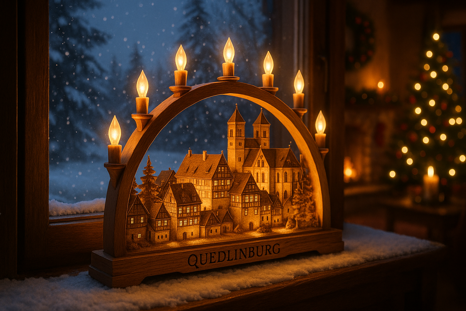 Quedlinburg Schwibbogen, wooden arch with Quedlinburg city motif inside, glowing warm electric candles, standing on a windowsill. Behind the window: snowy winter landscape with softly falling snowflakes. Inside: cozy living room with Christmas decorations, warm candlelight atmosphere, festive Advent mood, cinematic, ultra realistic, high detail.